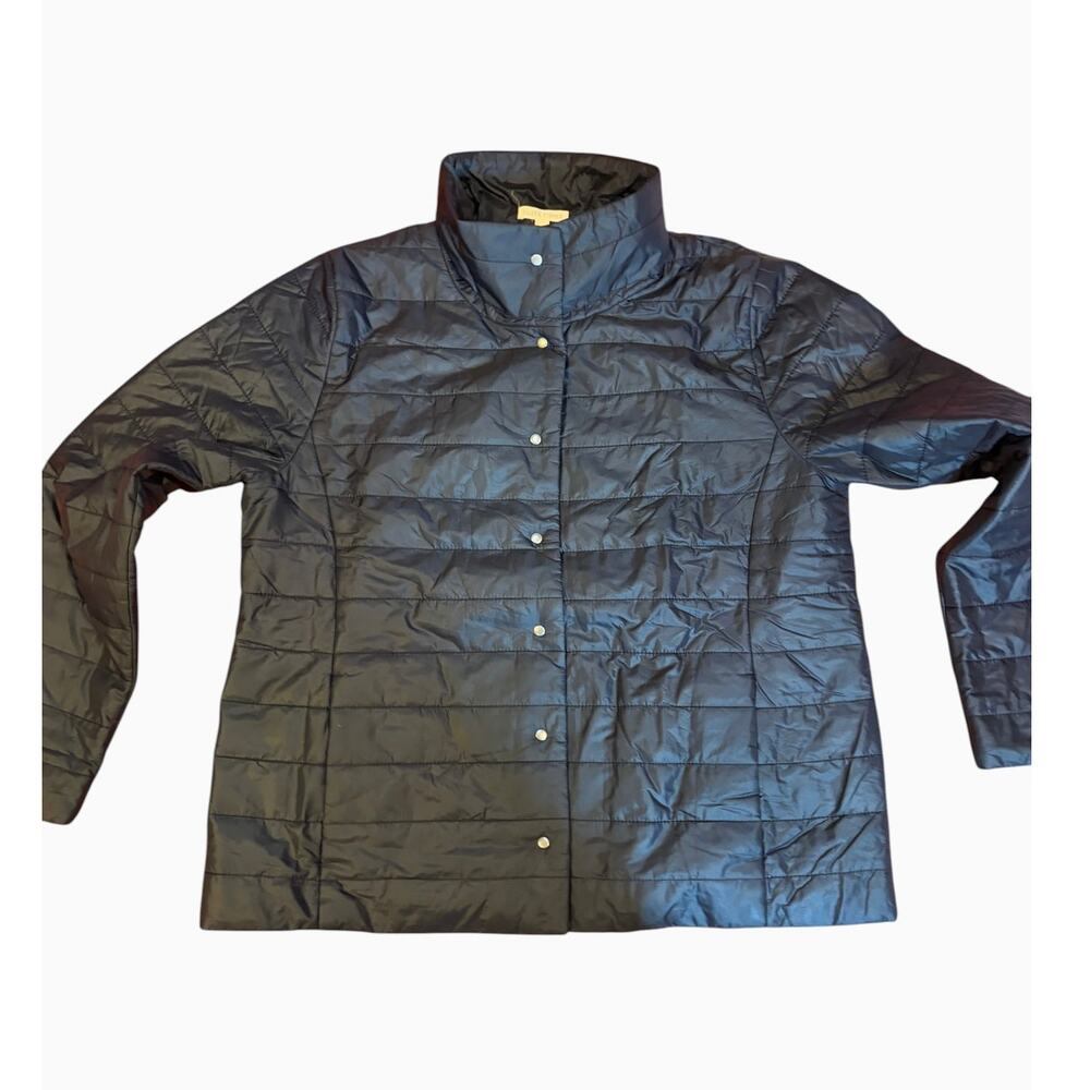 Eileen Fisher Women's Quilted Puffer Jacket L Black Snap Front Stand Collar